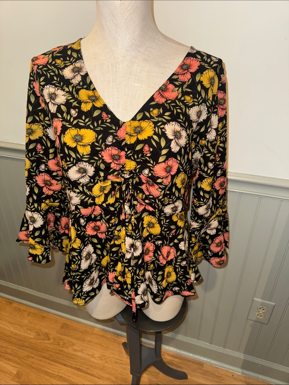 Floral V-Neck Ruffle Peplum Top - Black with Yellow, Pink & Cream Flowers Large